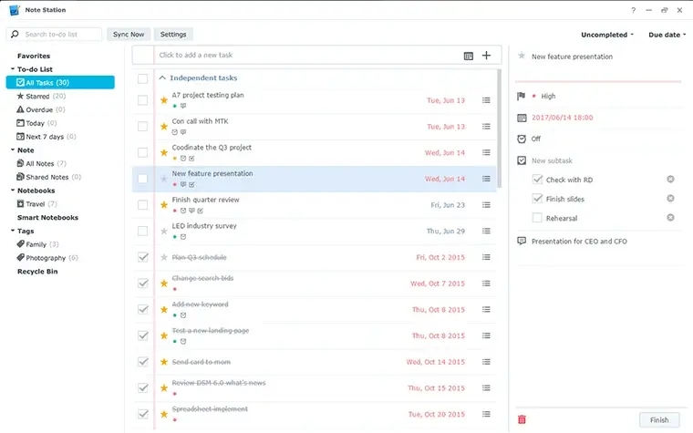 Interface de gerenciamento de tarefas do NoteStation