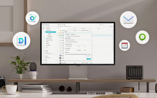 Obraz przedstawiający ikony Synology Drive, Office, Drive, MailPlus, Calendar i Chat
