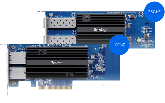 Image showing Synology add-in cards of 10GbE and 25GbE for connectivity upgrade
