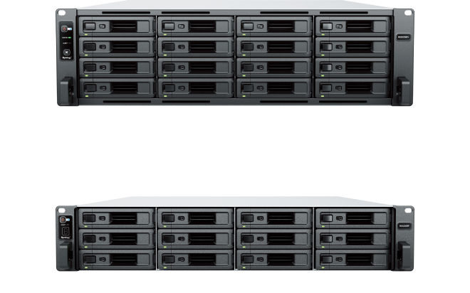 Obraz przedstawiający RS2825RP+ łączący się z jednostką rozszerzającą Synology RX1225RP w celu zwiększenia pojemności