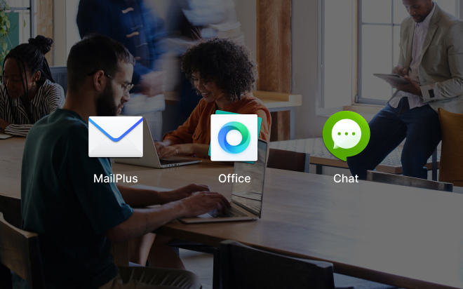 Obraz przedstawiający ikony Synology Drive, Office, Drive, MailPlus, Calendar i Chat