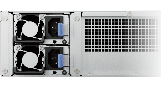 An image showing redundant power supplies with two power ports and two fans.
